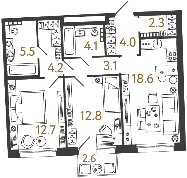 Двухкомнатная квартира №45 в ЖК Цвет Зеленогорска - 67.3 м²