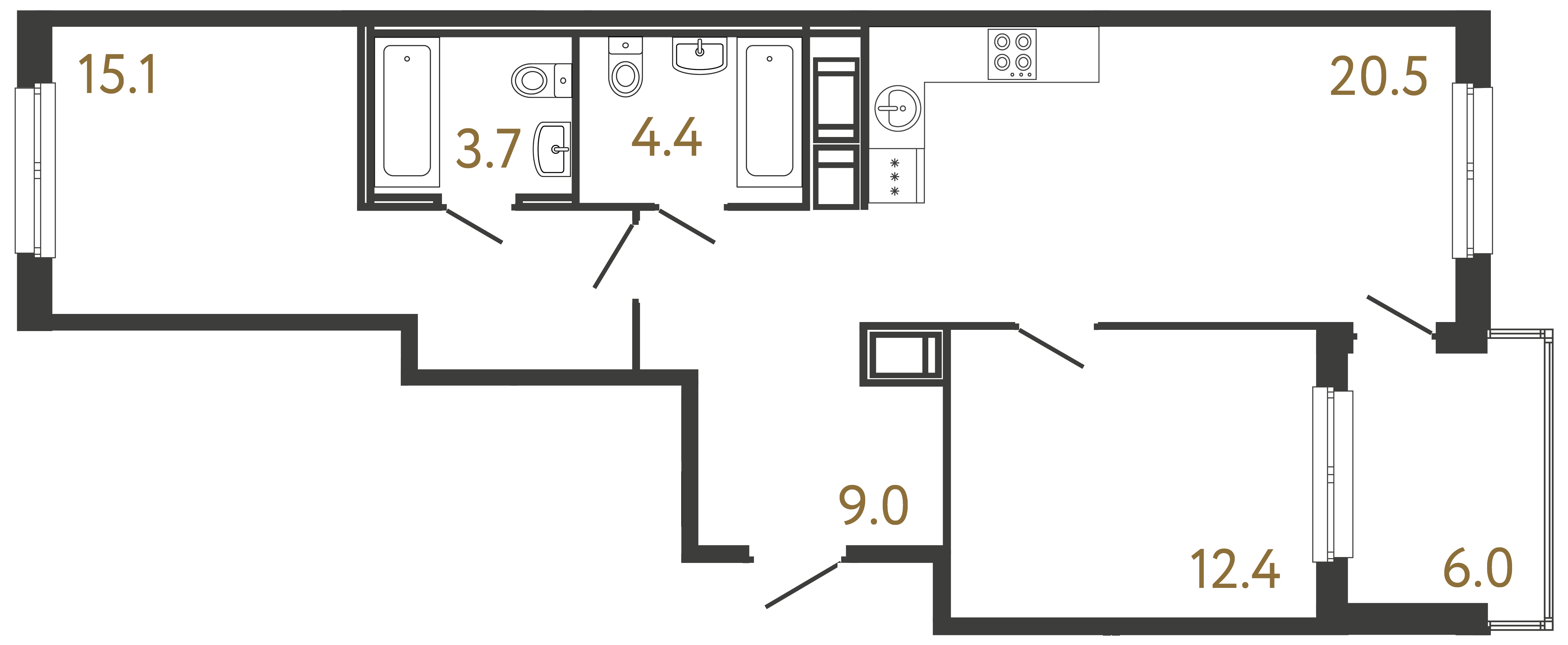 Двухкомнатная квартира 65.1 м²