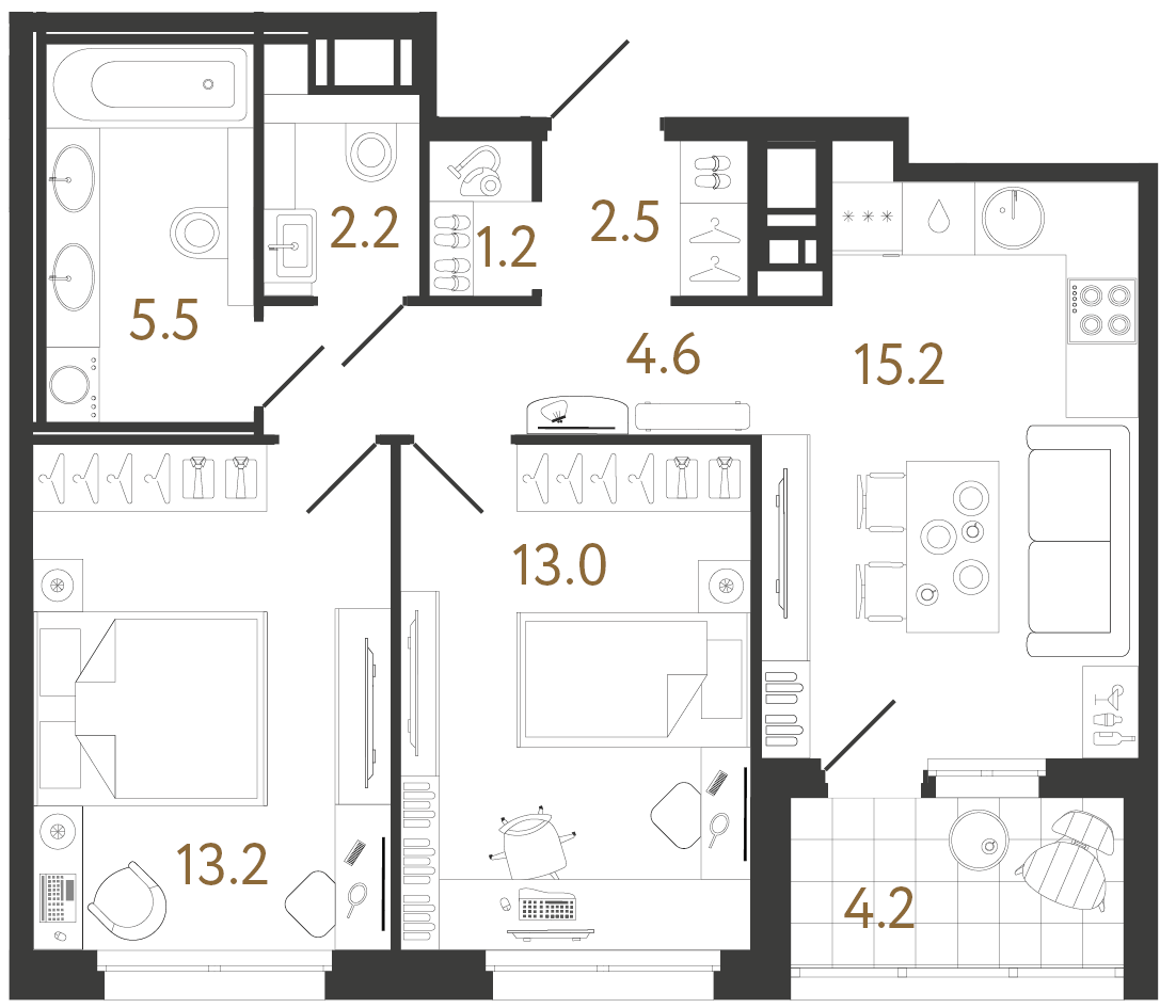 Двухкомнатная квартира 57.4 м²