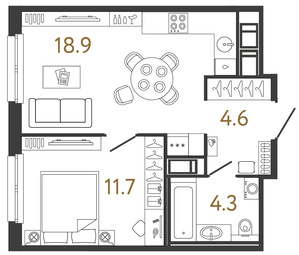 Однокомнатная квартира 39.5 м²