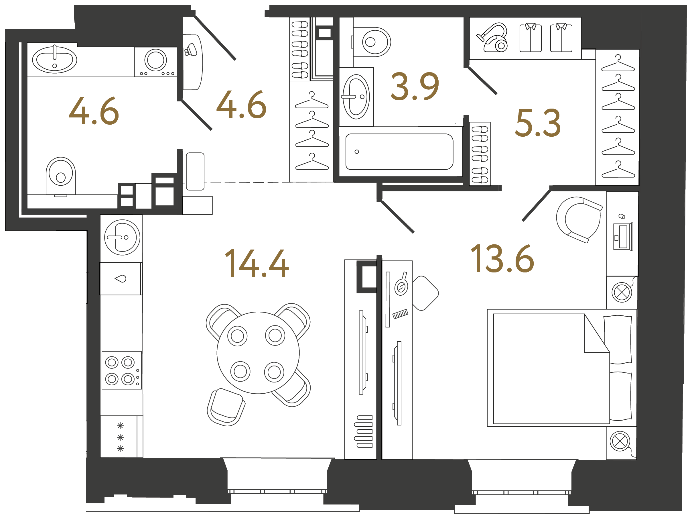 Однокомнатные апартаменты 46.4 м²