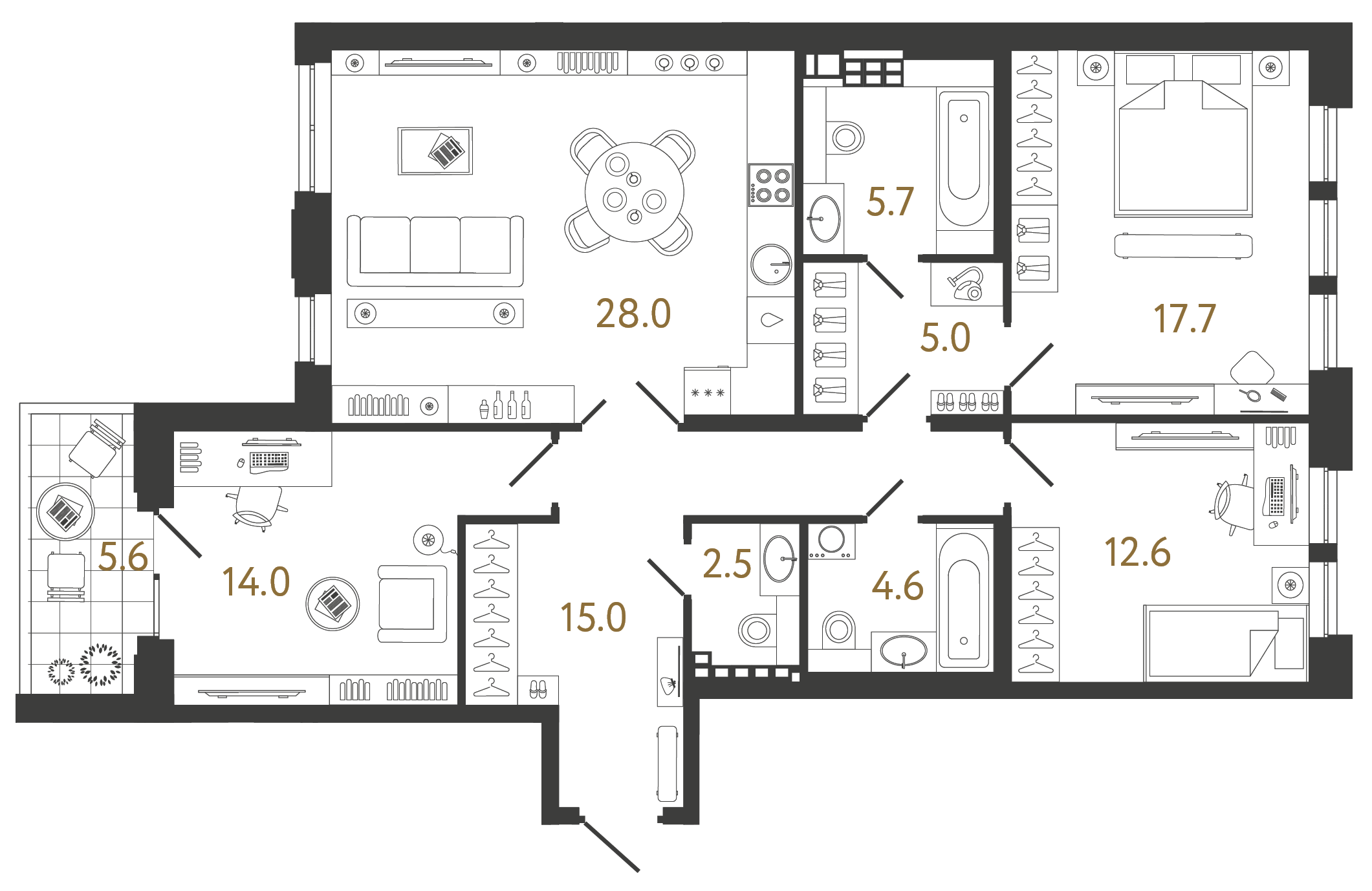 Трёхкомнатная квартира 105.1 м²