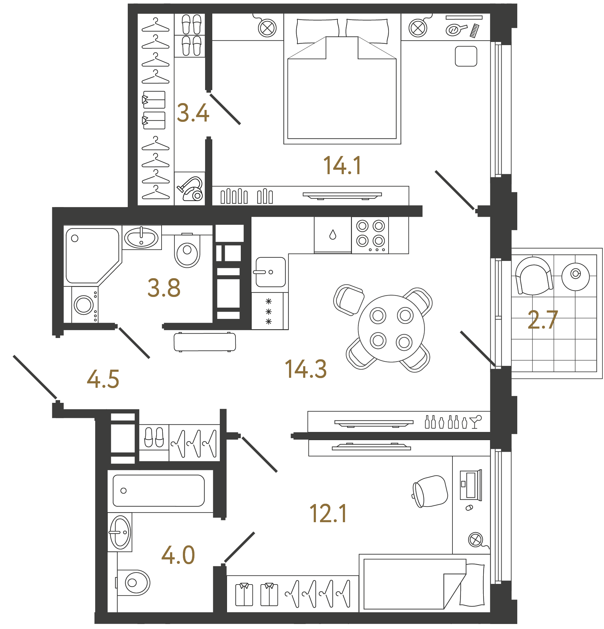Двухкомнатная квартира 56.2 м²