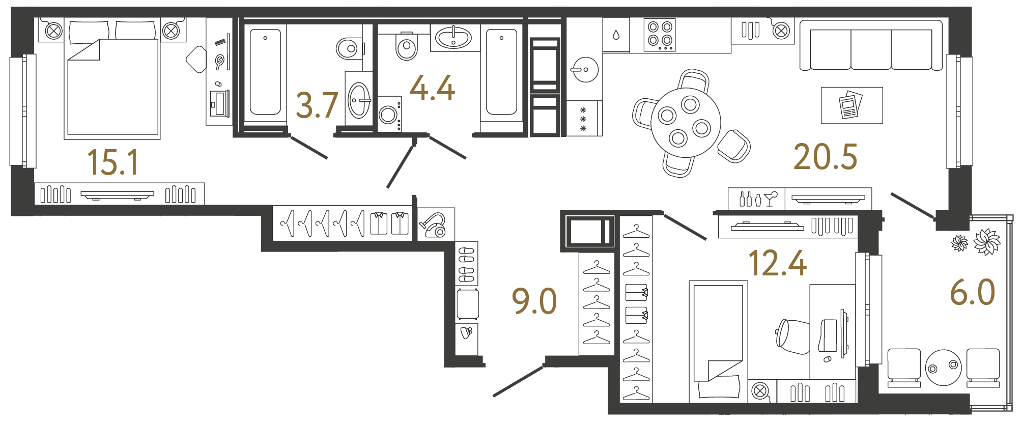 Двухкомнатная квартира 65.1 м²