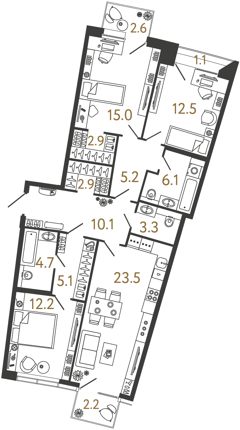 Трёхкомнатная квартира 103.5 м²