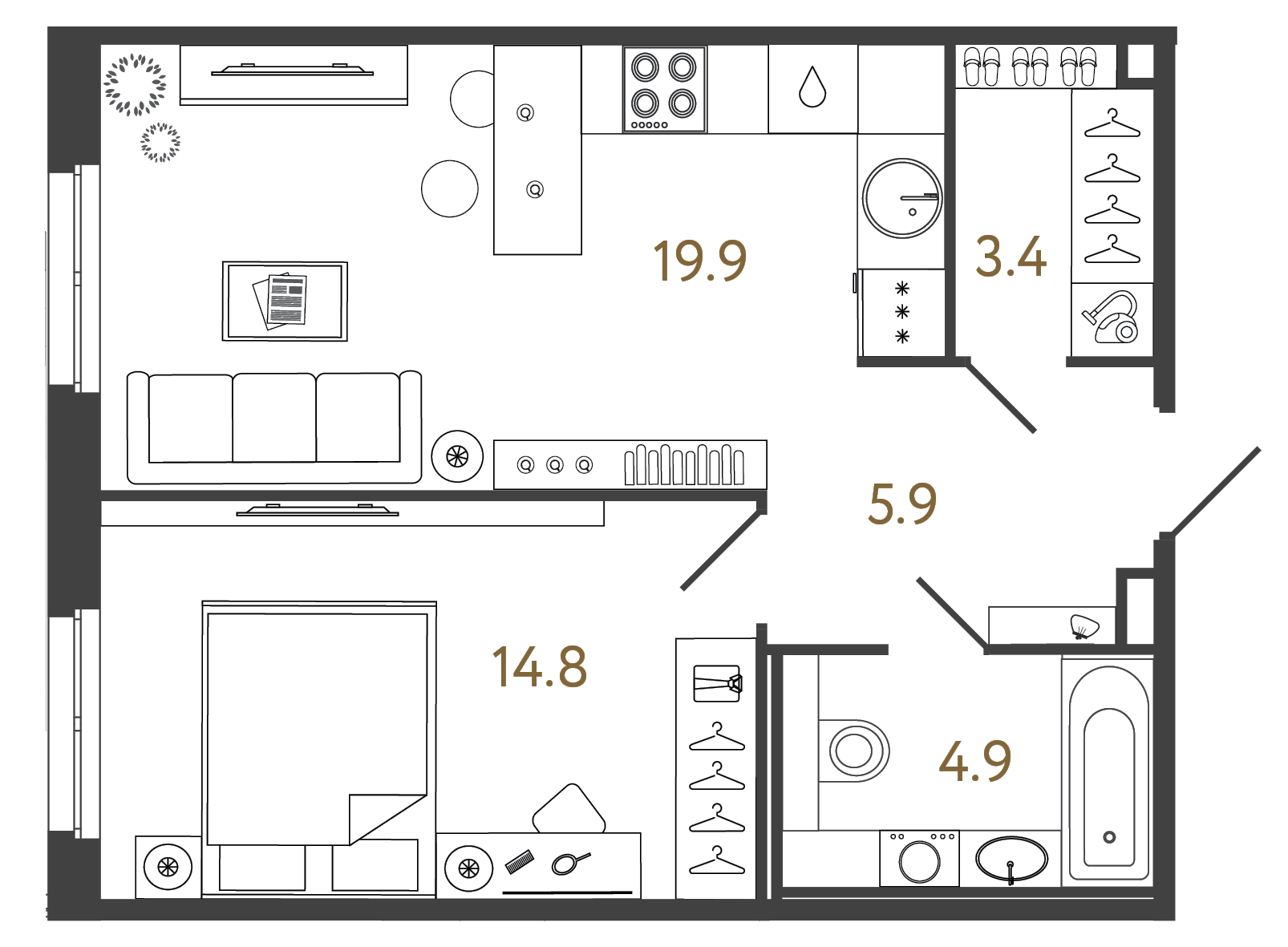 Однокомнатный номер 48.9 м²