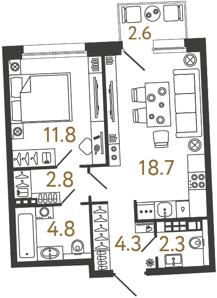 Однокомнатная квартира №26 в ЖК Цвет Зеленогорска - 44.7 м²