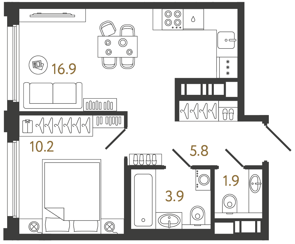 Однокомнатная квартира 38.7 м²