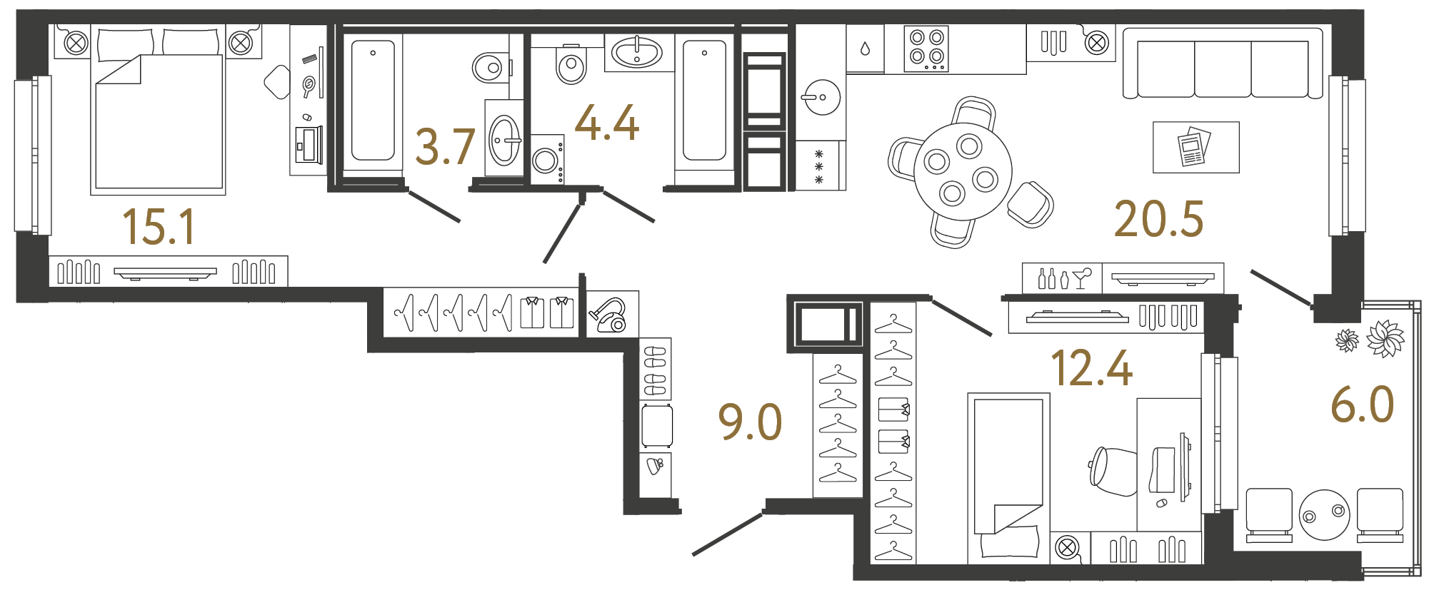 Двухкомнатная квартира 65.1 м²
