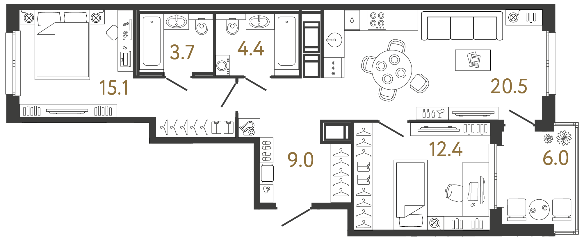 Двухкомнатная квартира 65.1 м²