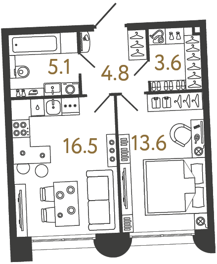 1-комнатная 43.6 м², 1 этаж