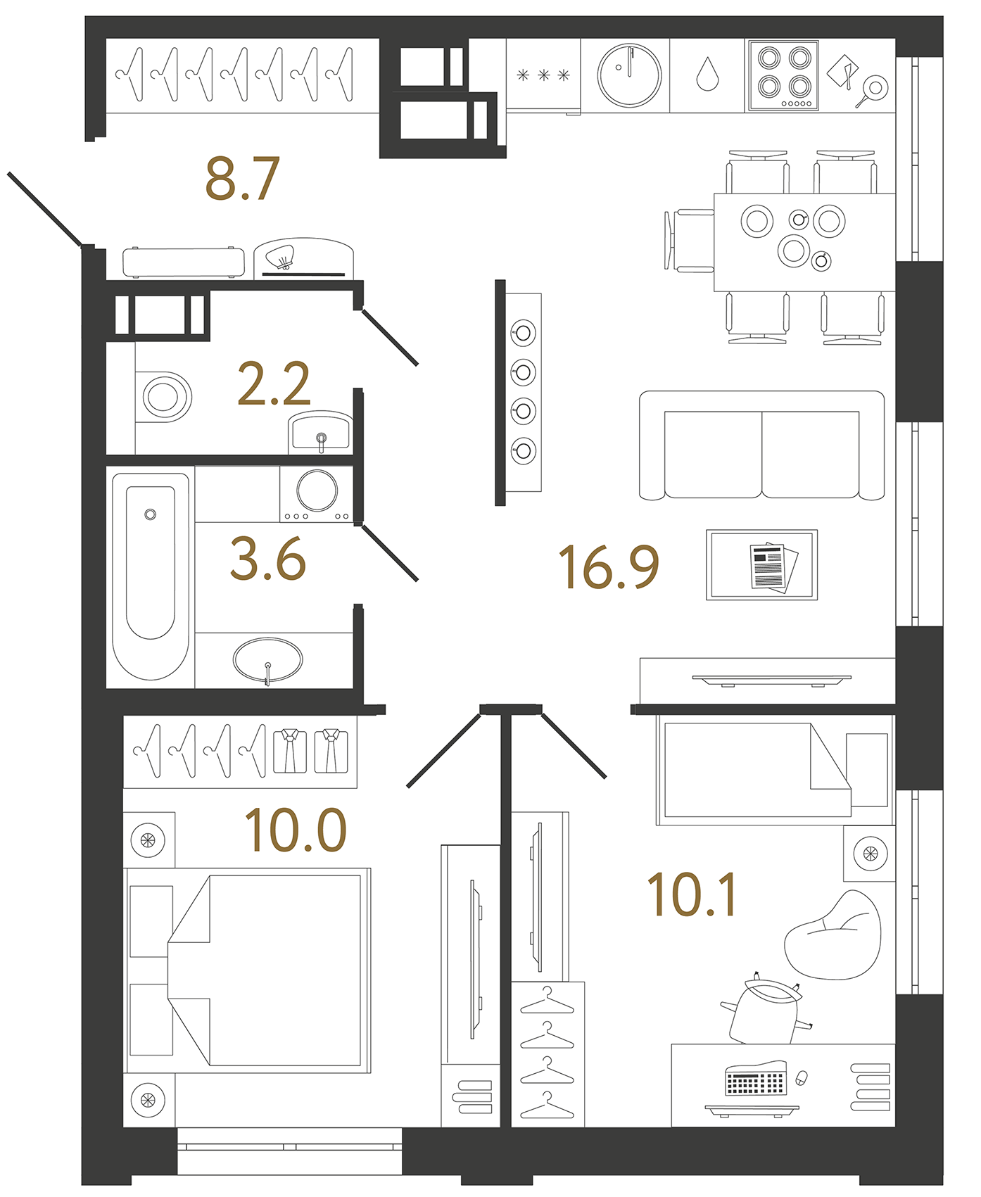 Двухкомнатная квартира 51.5 м²