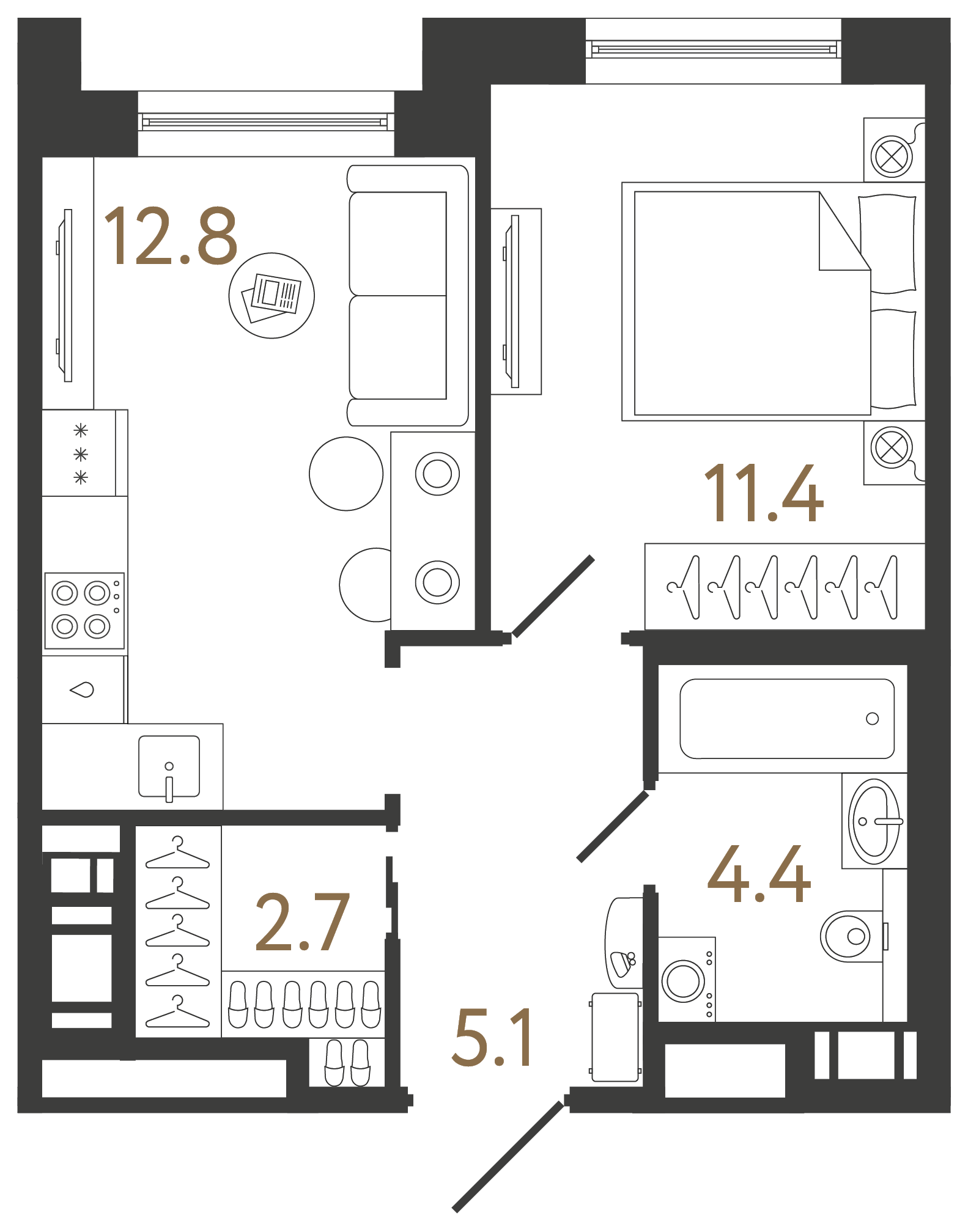Однокомнатная квартира 36.4 м²