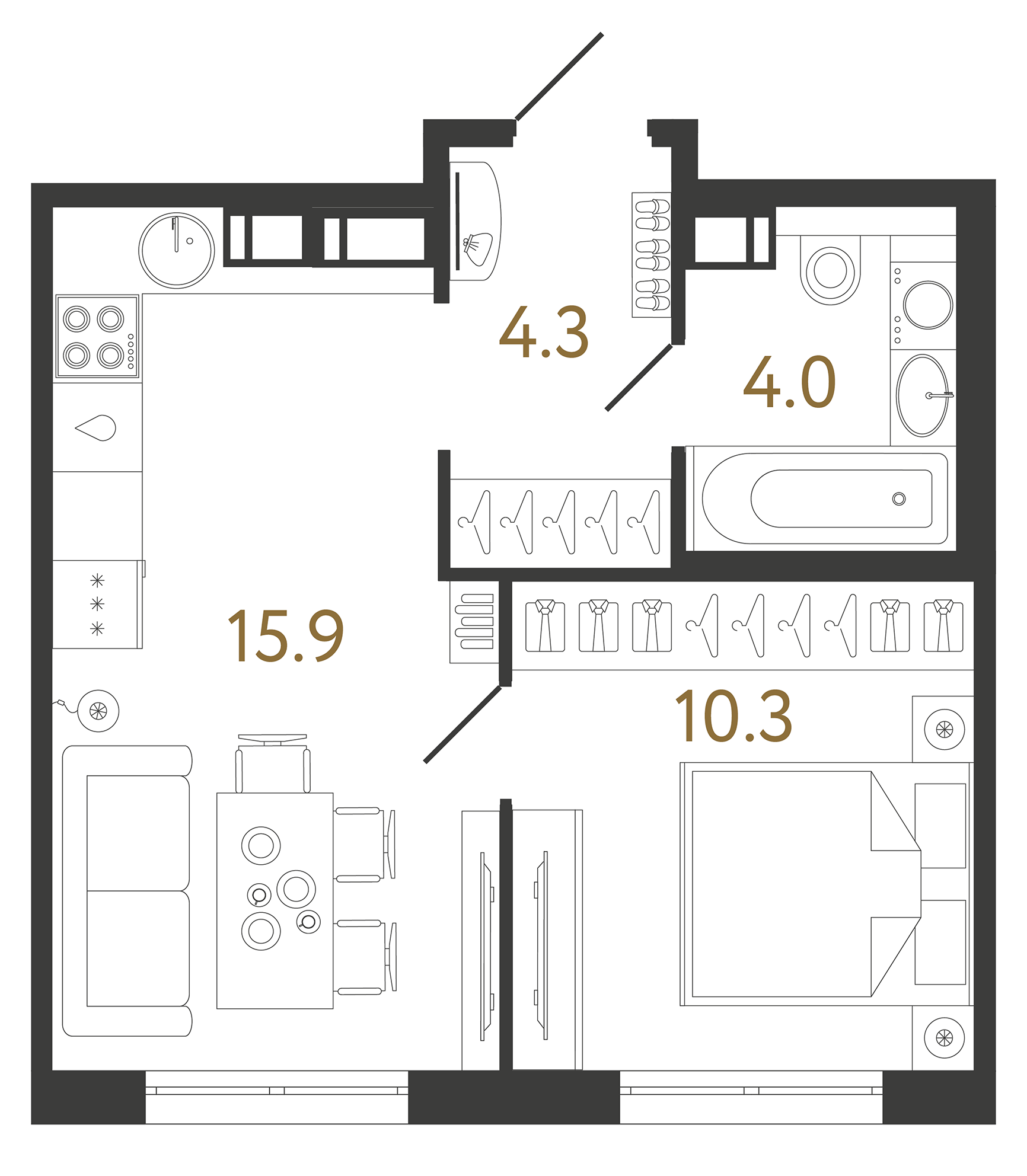 Однокомнатная квартира 34.5 м²