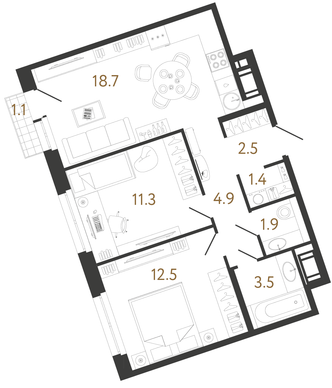 Двухкомнатная квартира 56.7 м²