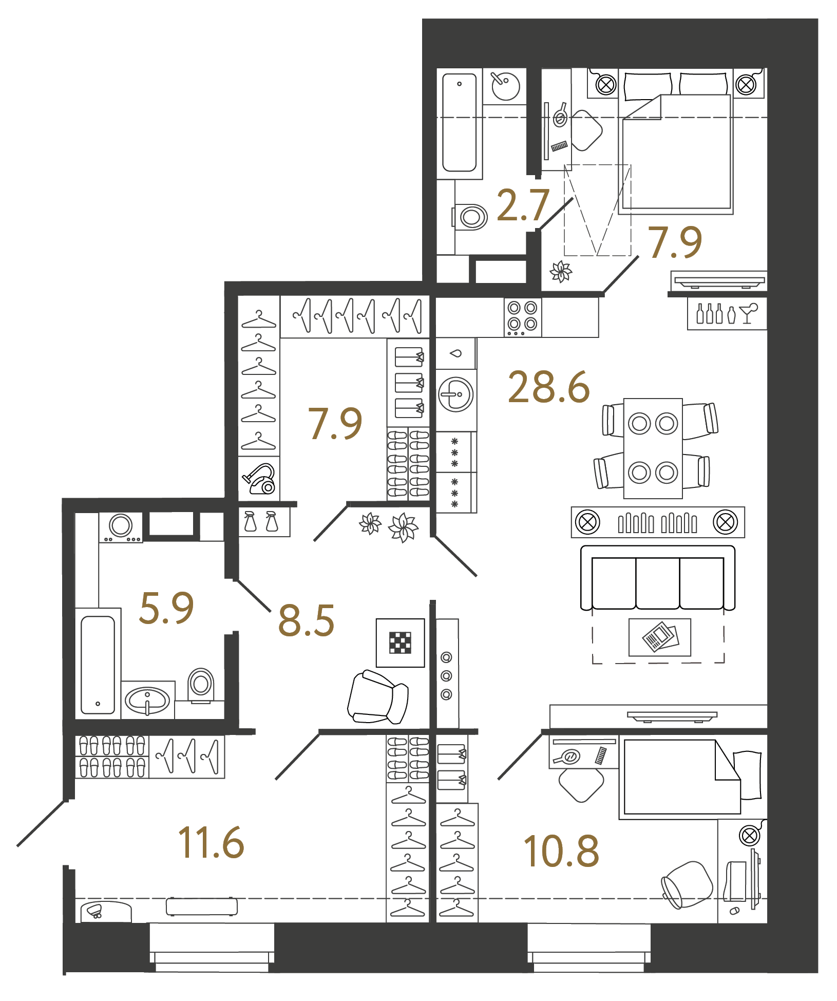 Двухкомнатный номер 83.9 м²