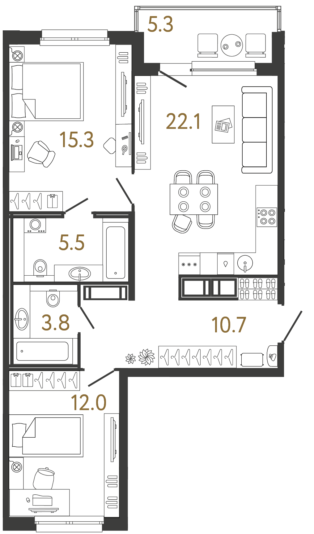 Двухкомнатная квартира 69.4 м²