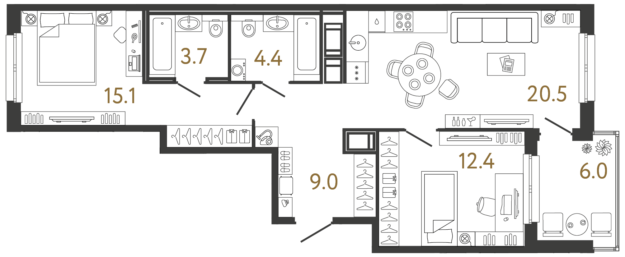 Двухкомнатная квартира 65.1 м²