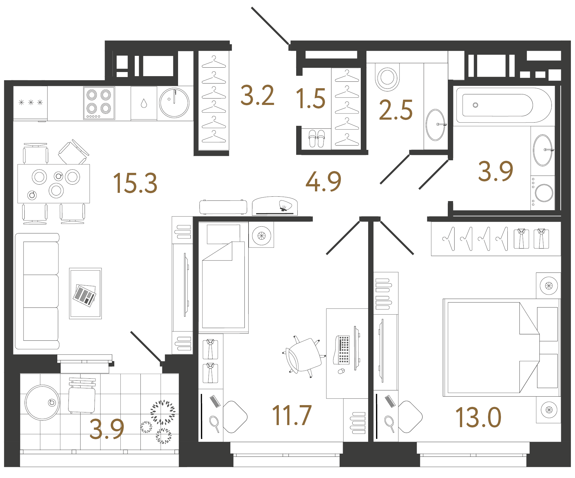 Двухкомнатная квартира 56 м²