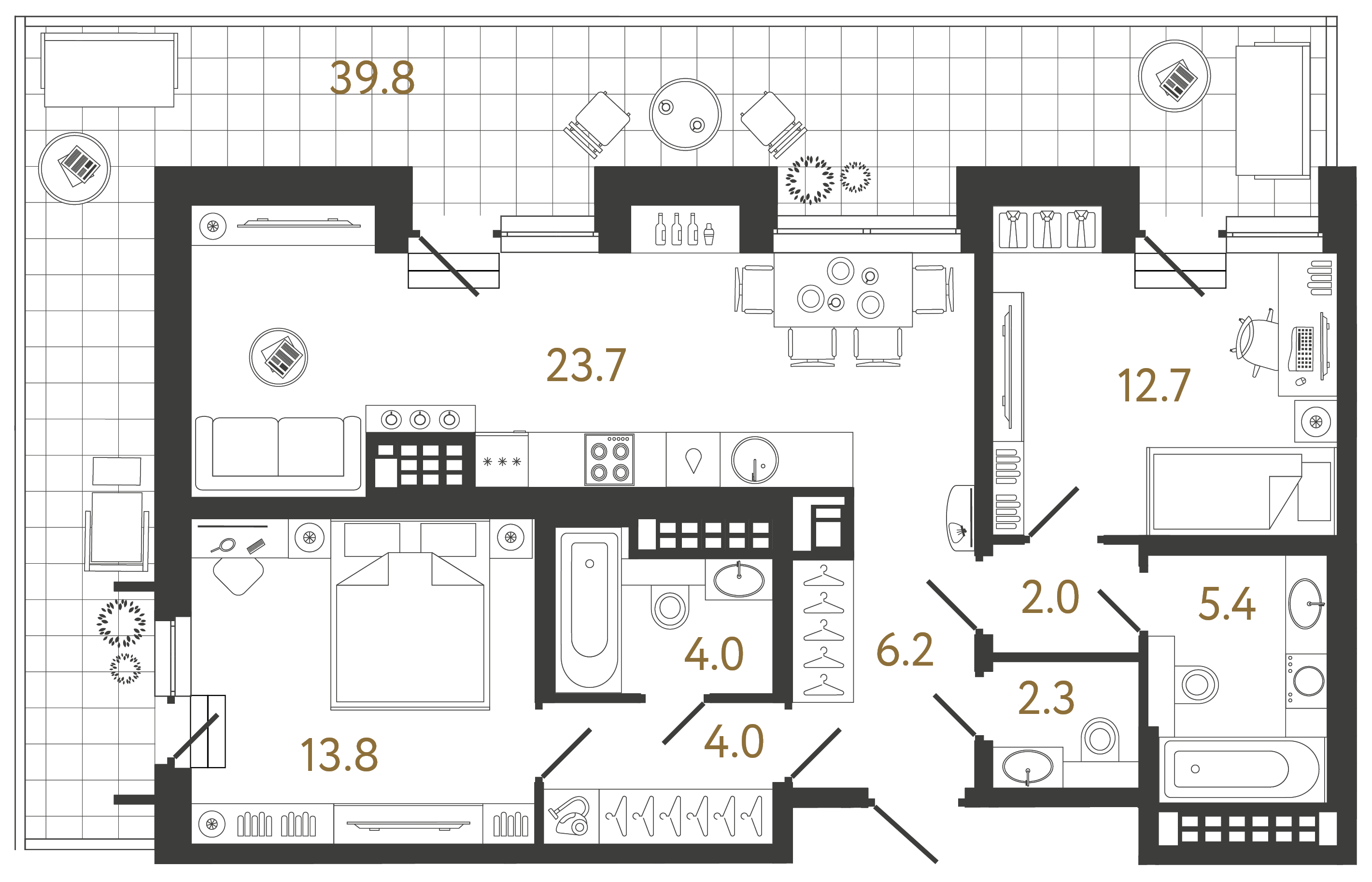 Двухкомнатная квартира 74.1 м²