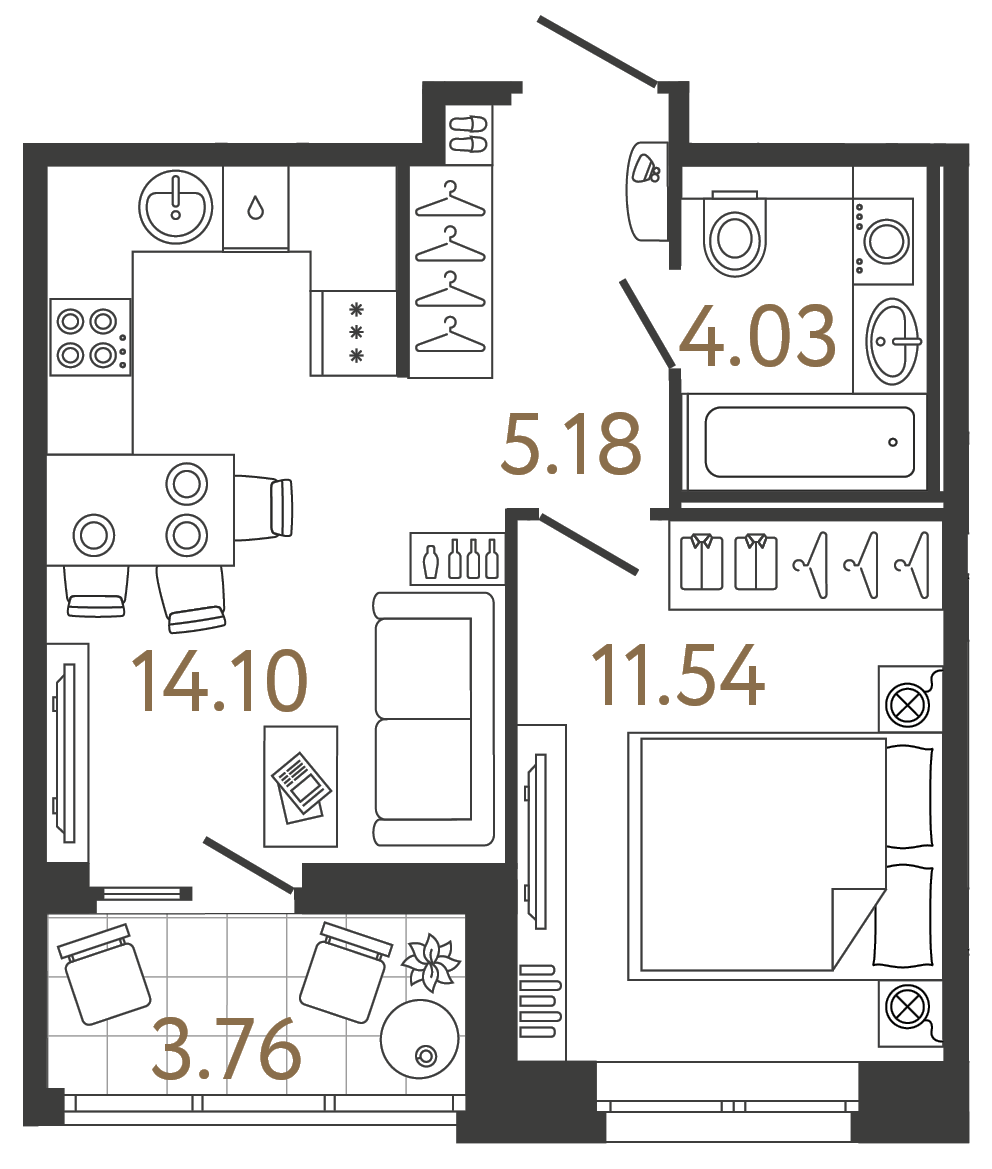 Однокомнатная квартира 34.85 м²