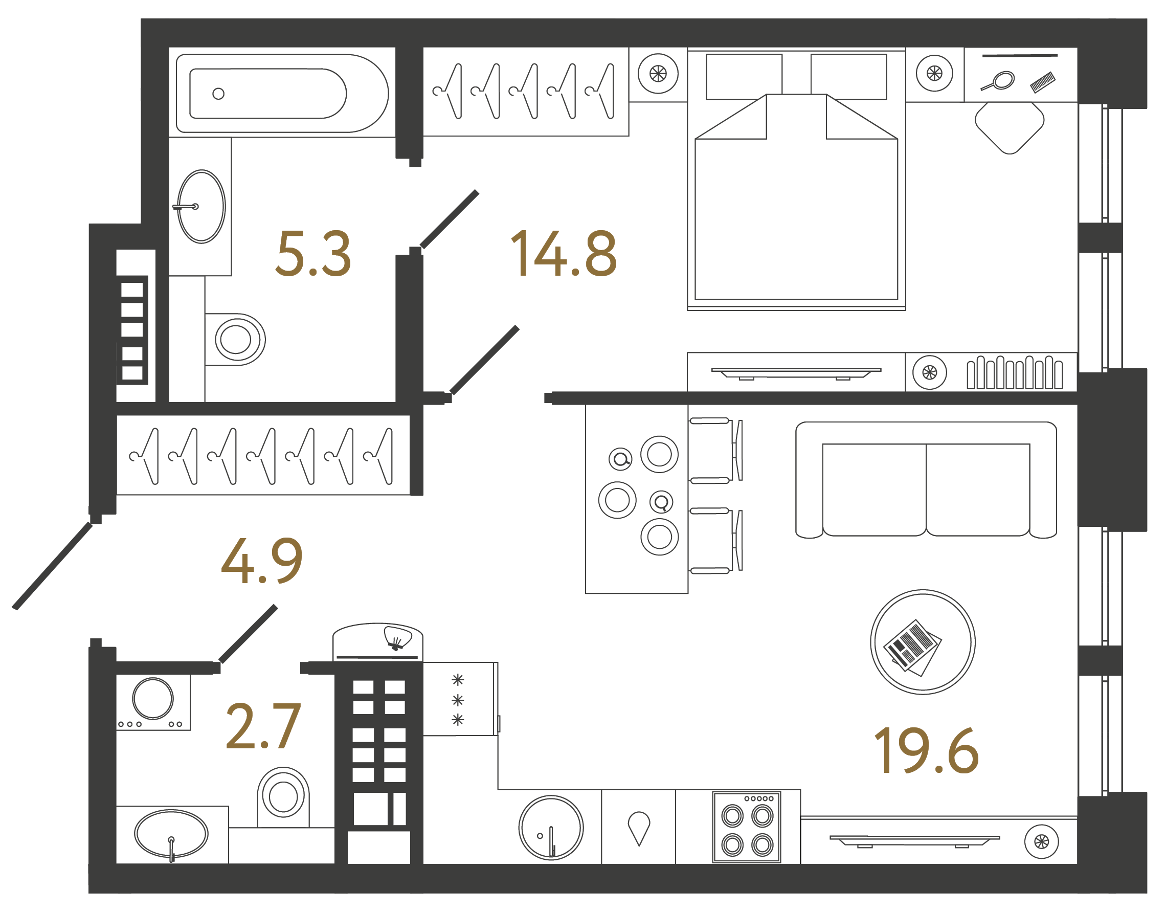Однокомнатная квартира 47.3 м²