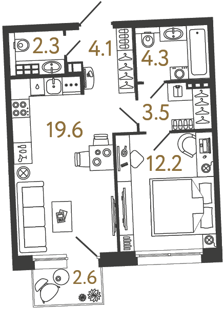 Однокомнатная квартира 46 м²