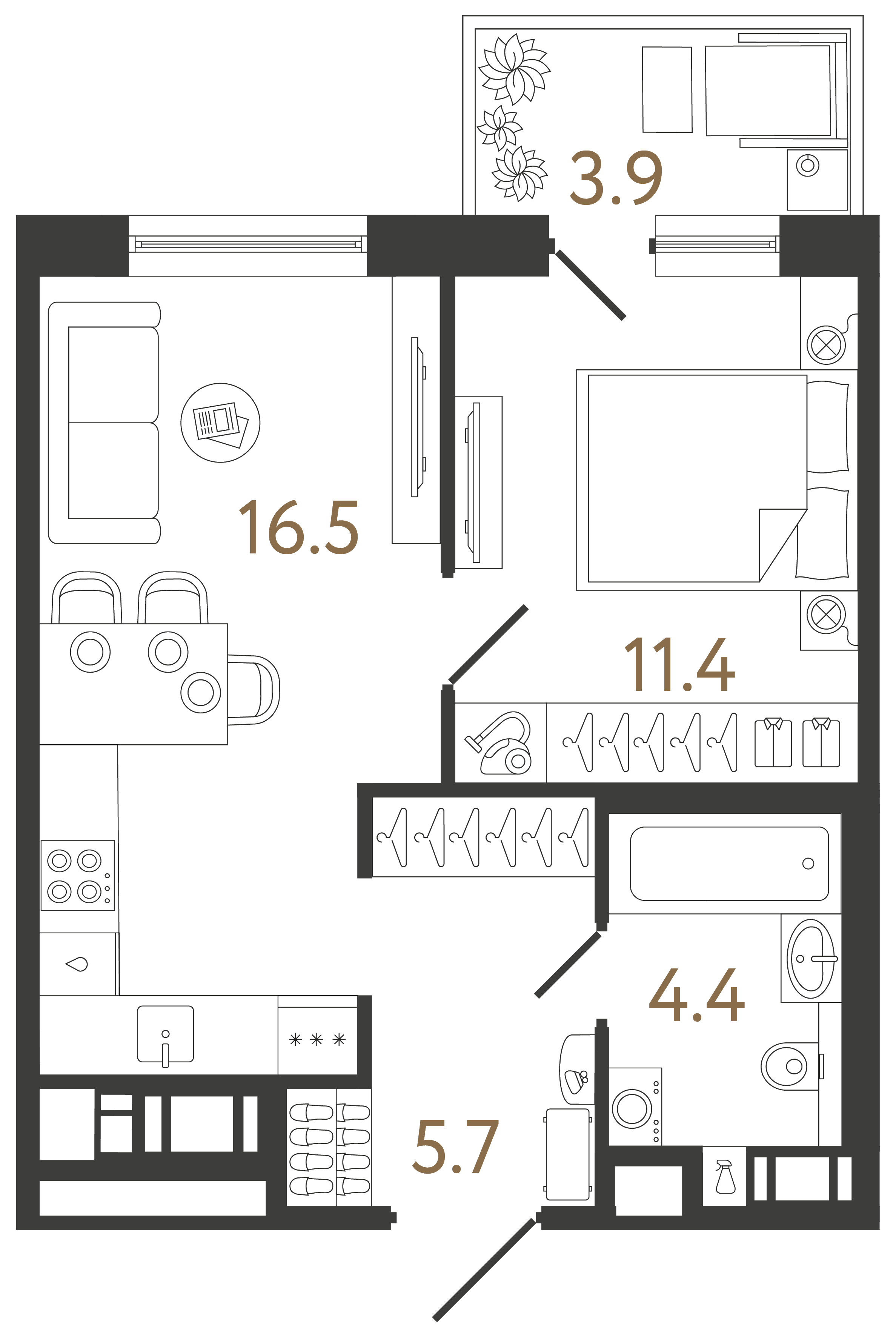 Однокомнатная квартира 38 м²