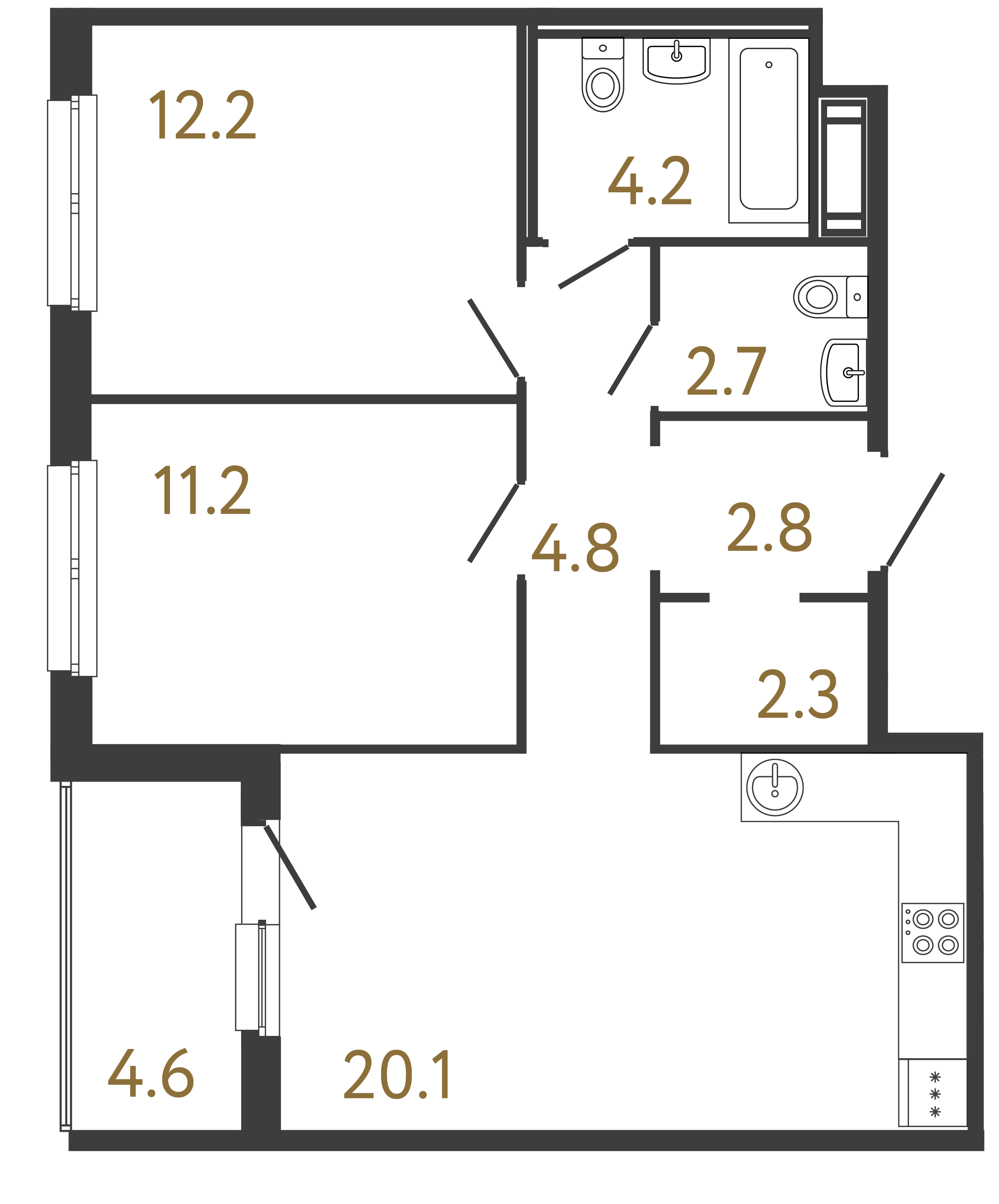 Двухкомнатная квартира 60.3 м²