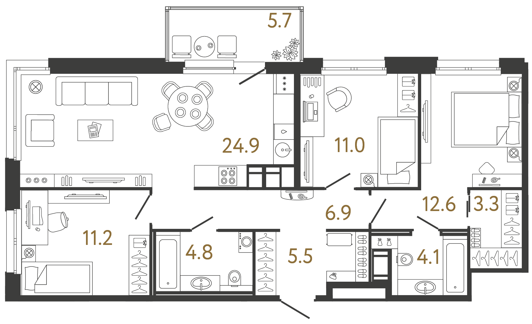 Трёхкомнатная квартира 84.3 м²