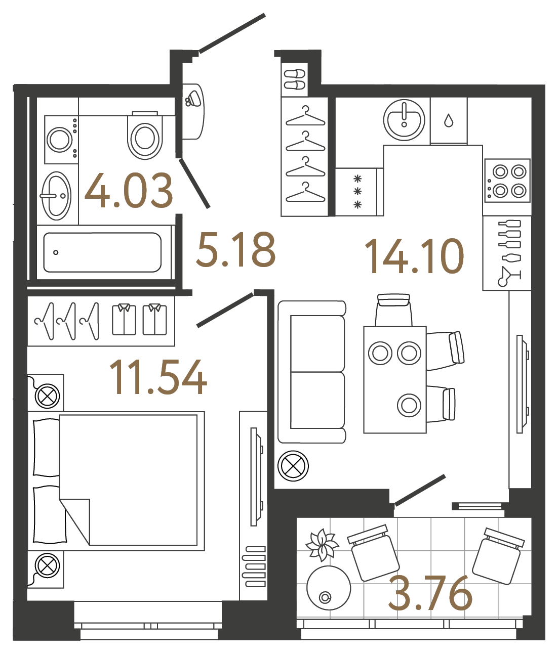 Однокомнатная квартира 34.85 м²