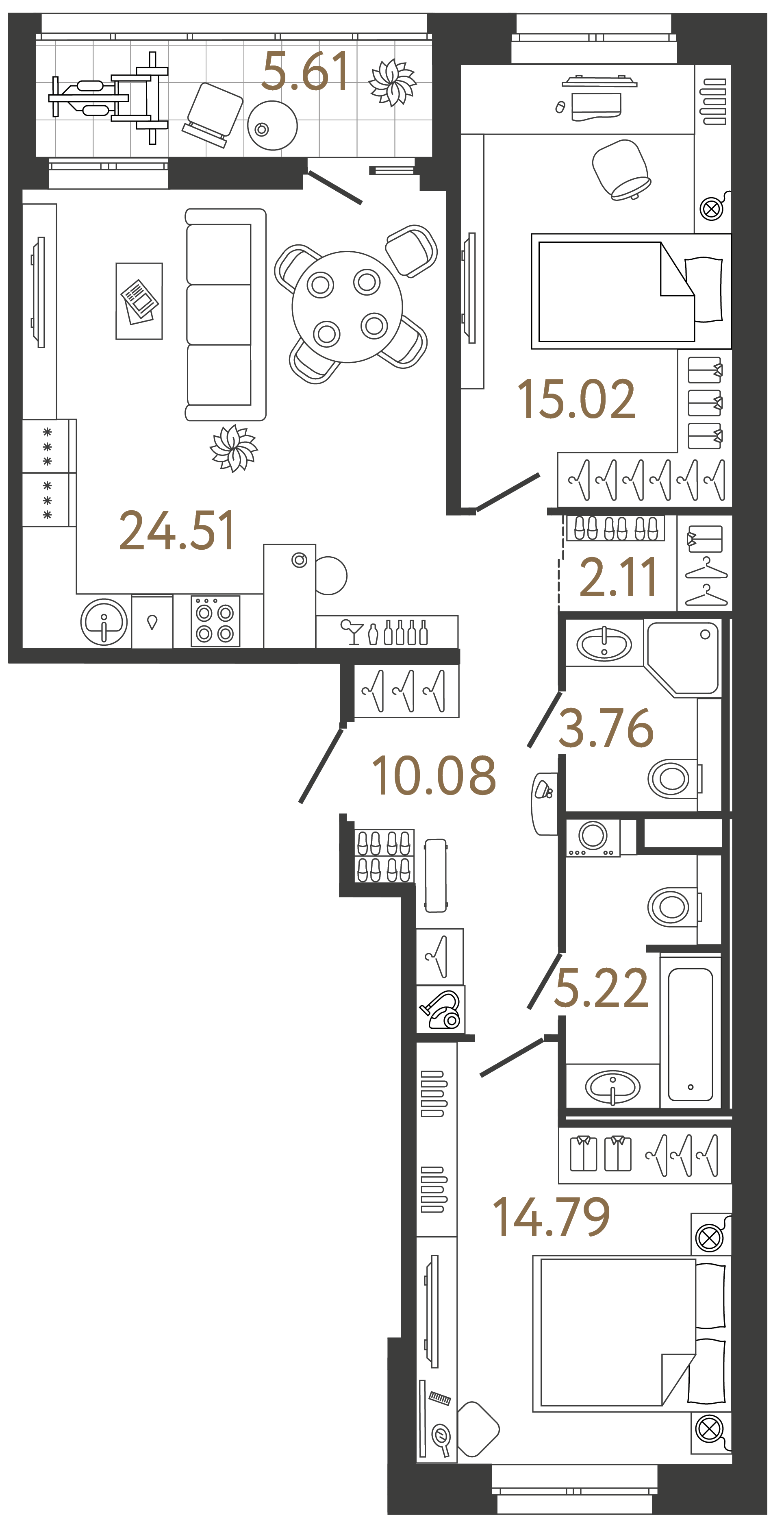 Двухкомнатная квартира 75.49 м²