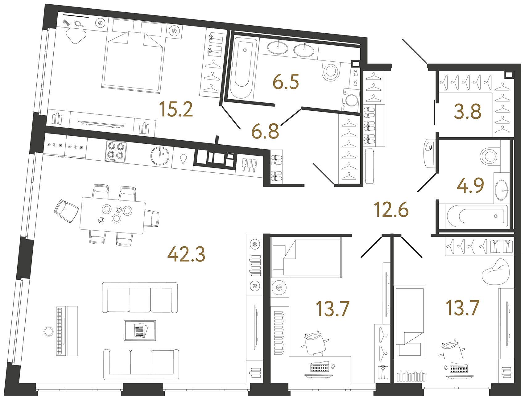 Трёхкомнатная квартира 119.5 м²
