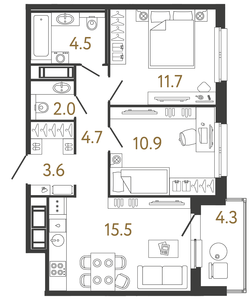 Двухкомнатная квартира 52.9 м²