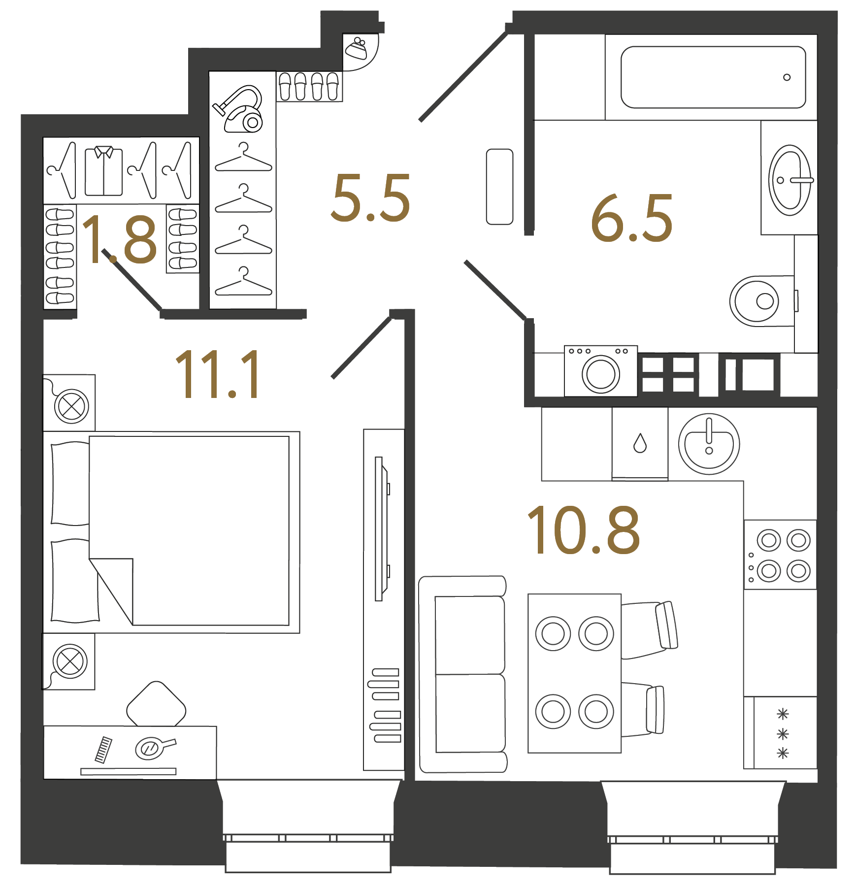 Однокомнатные апартаменты 35.7 м²