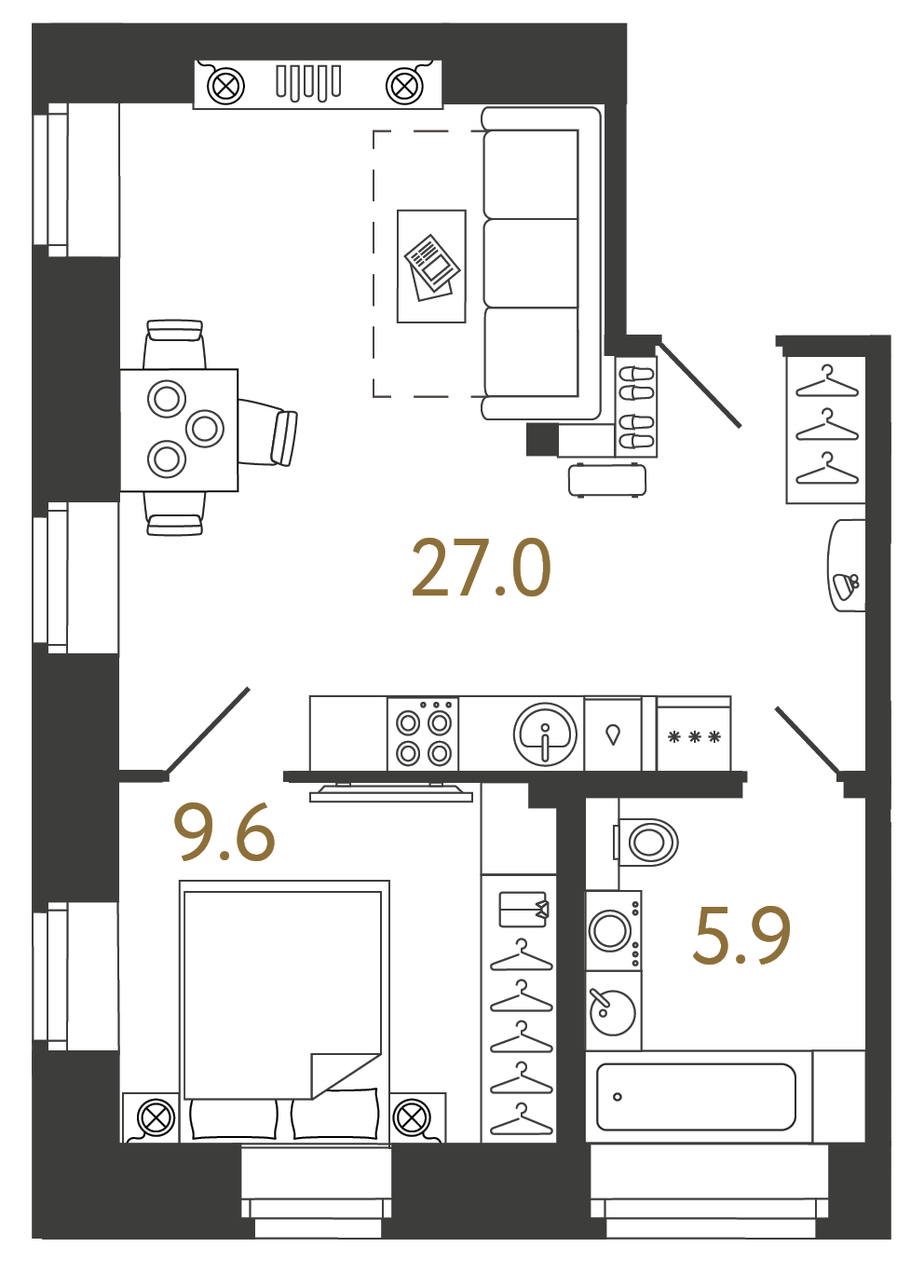 Однокомнатный номер 42.5 м²