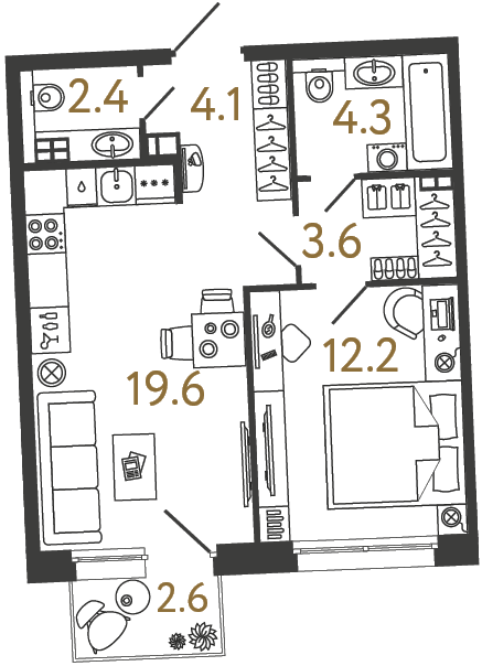 1-комнатная 46.2 м², 3 этаж