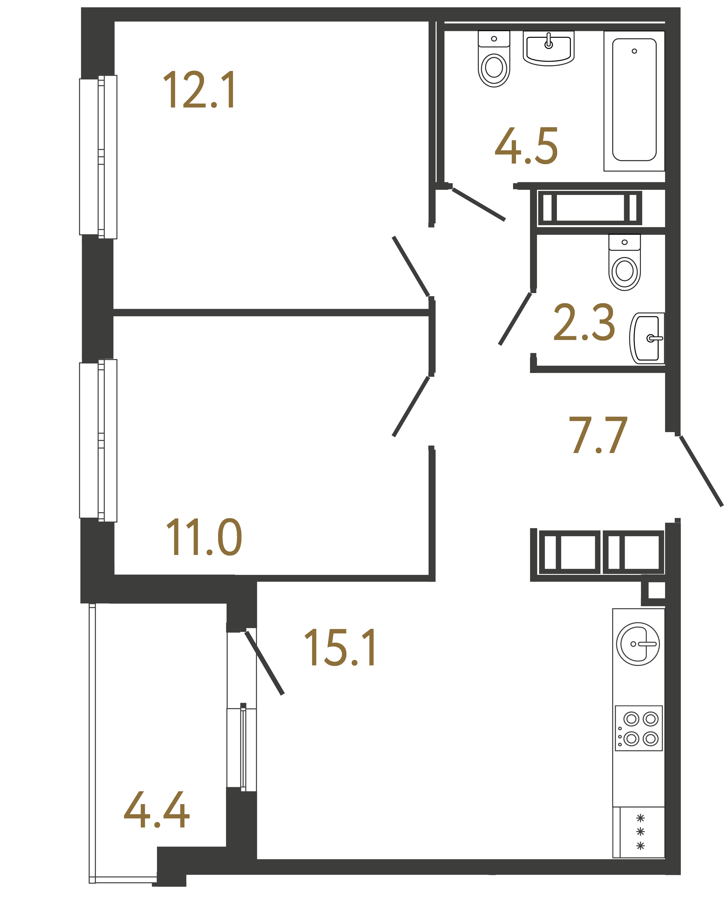 Двухкомнатная квартира 52.7 м²
