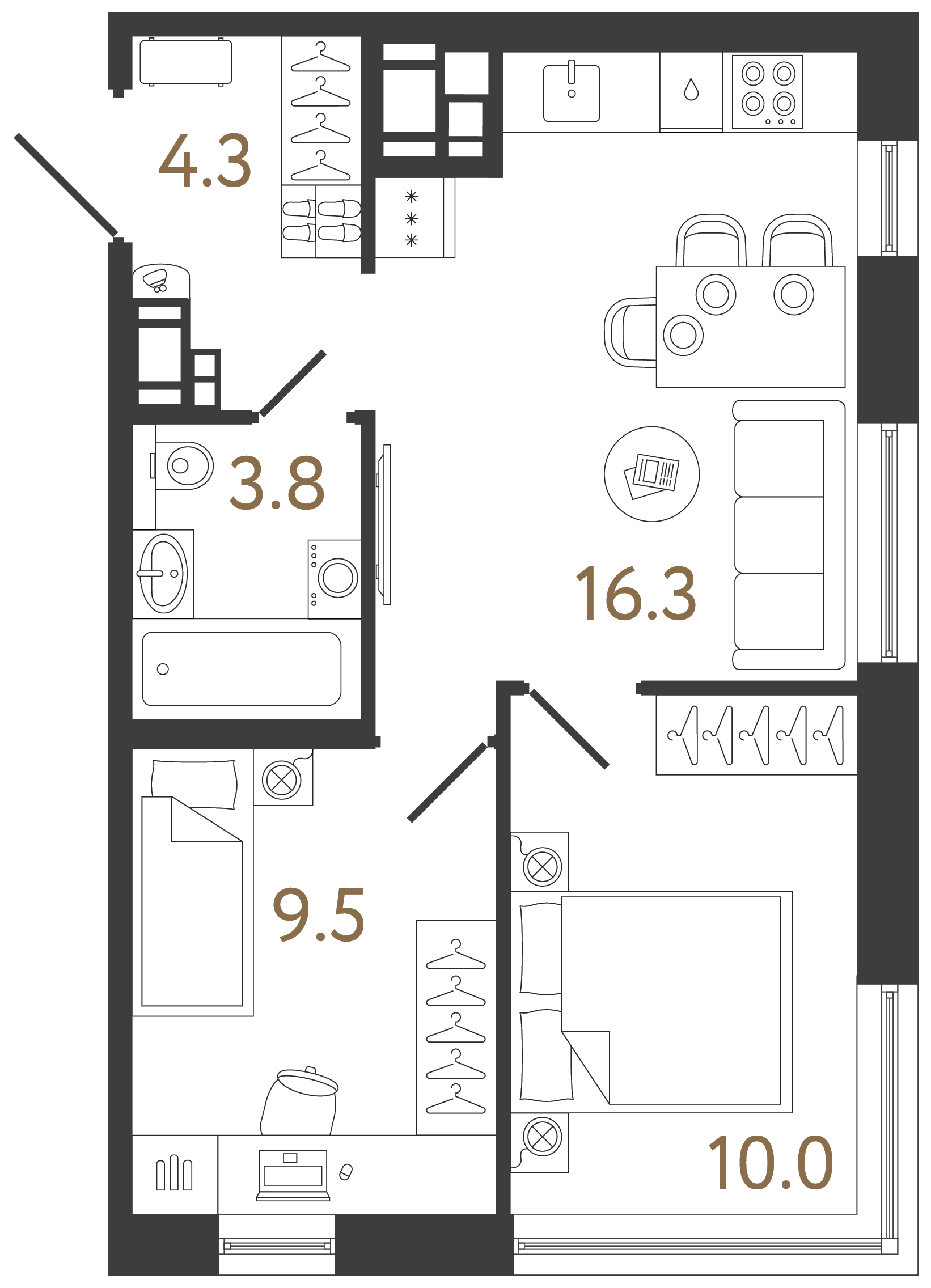 Двухкомнатная квартира 43.9 м²
