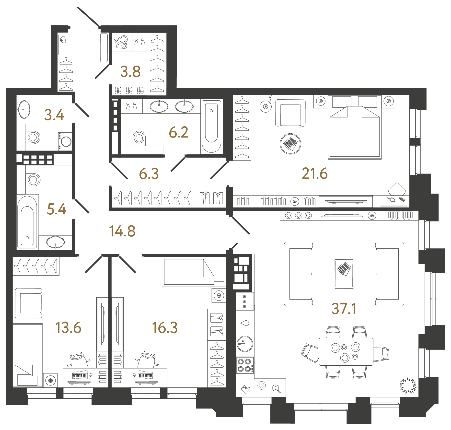 Трёхкомнатная квартира 128.5 м²