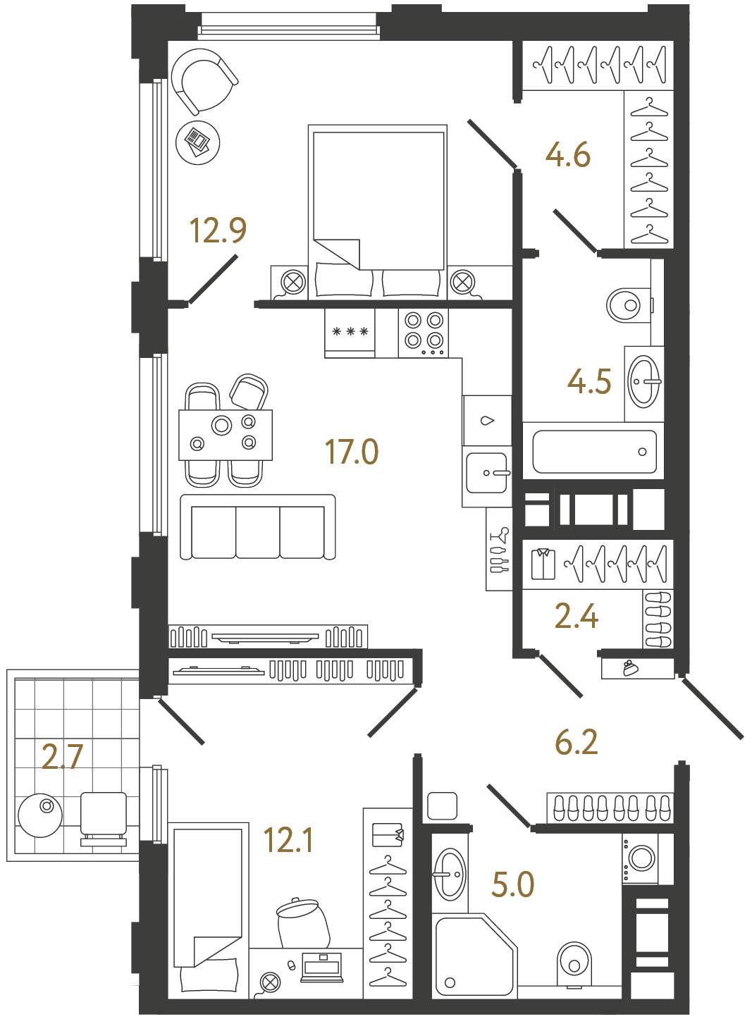 Двухкомнатная квартира 64.7 м²