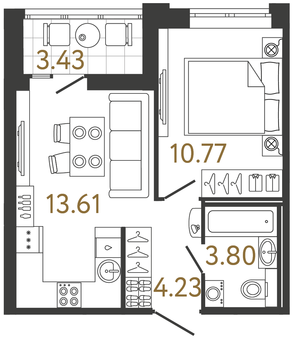 Однокомнатная квартира 32.41 м²