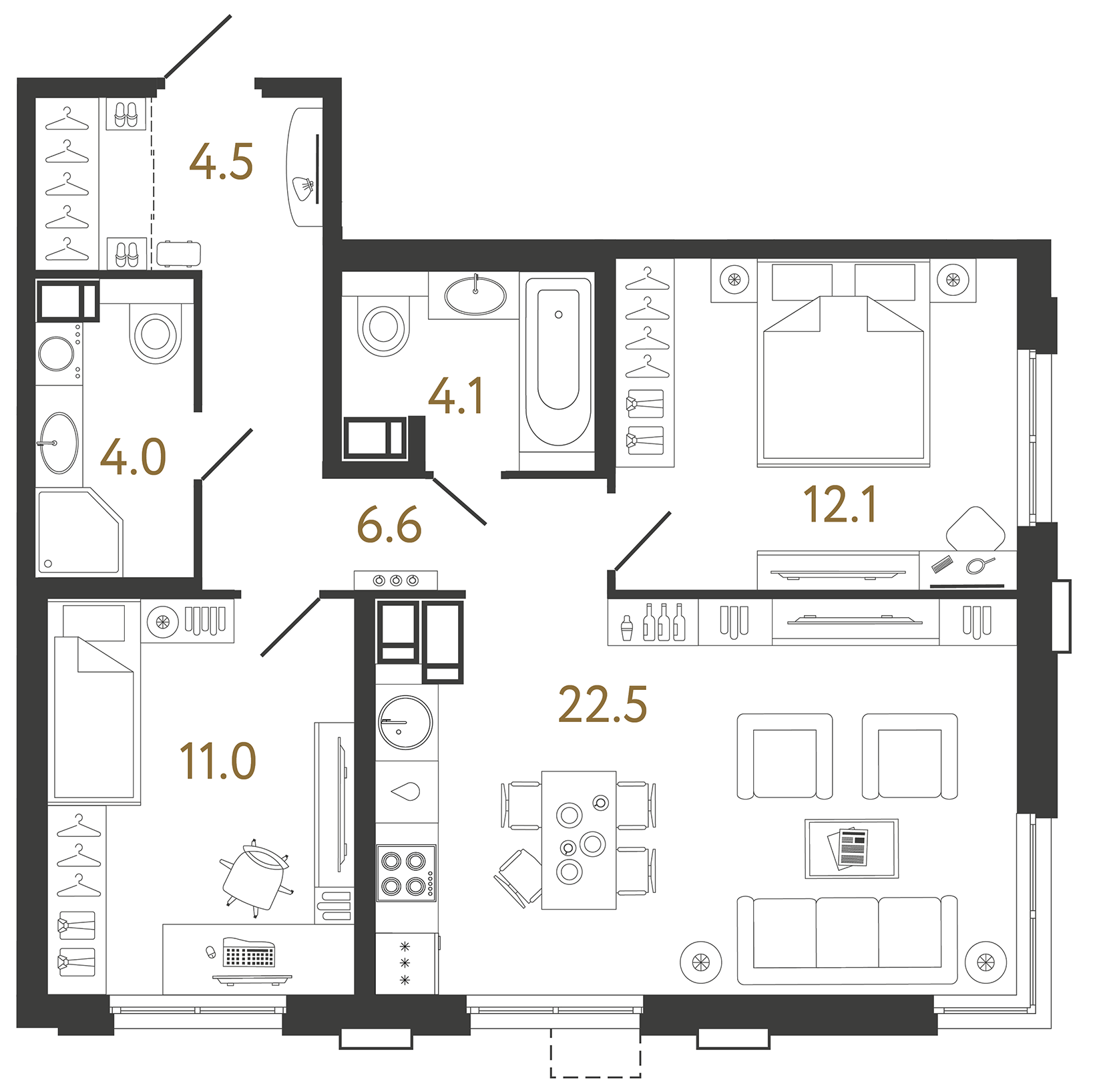 Двухкомнатная квартира 64.8 м²
