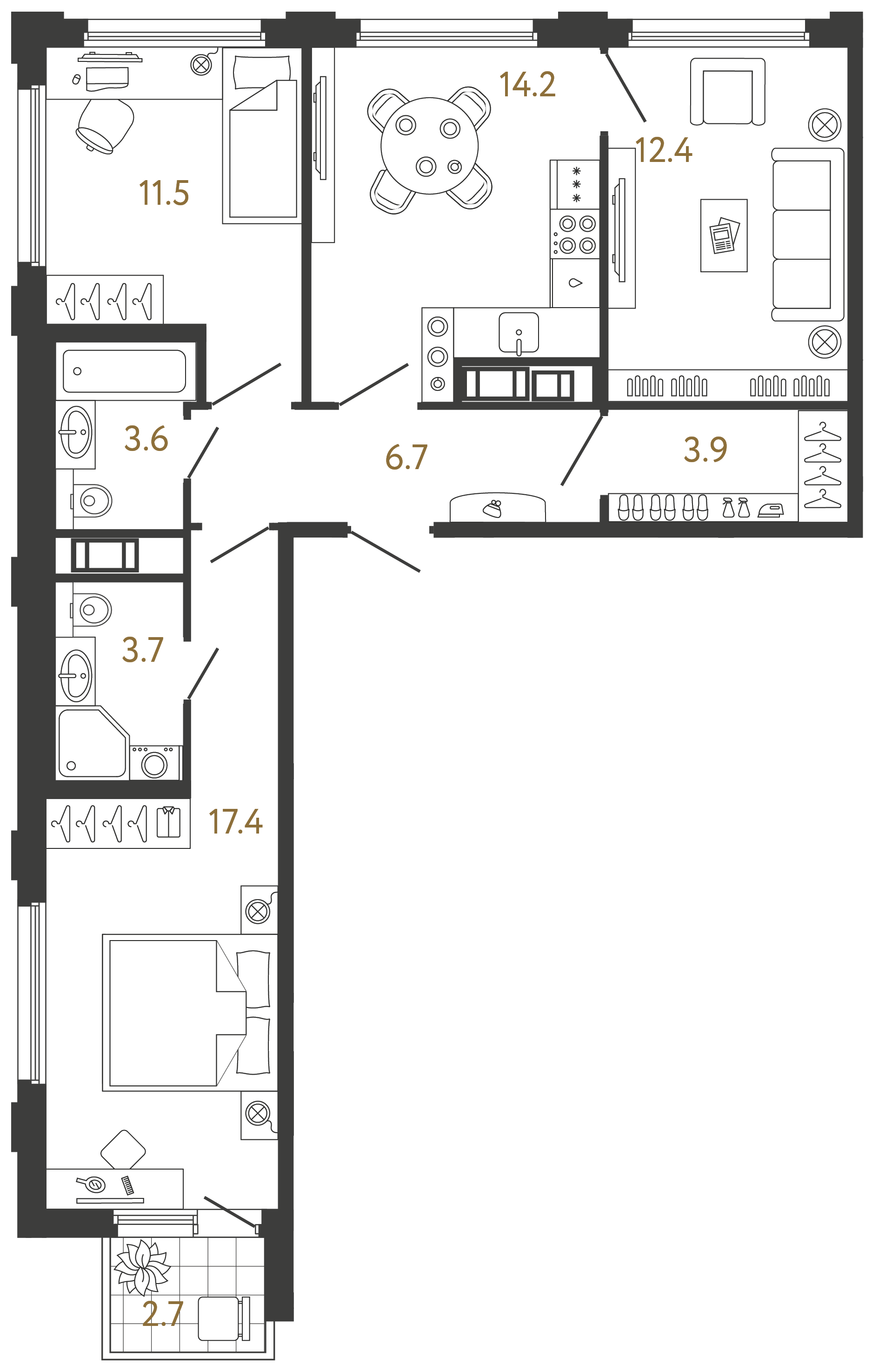 Трёхкомнатная квартира 73.4 м²