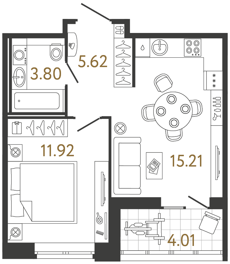 Однокомнатная квартира 36.55 м²