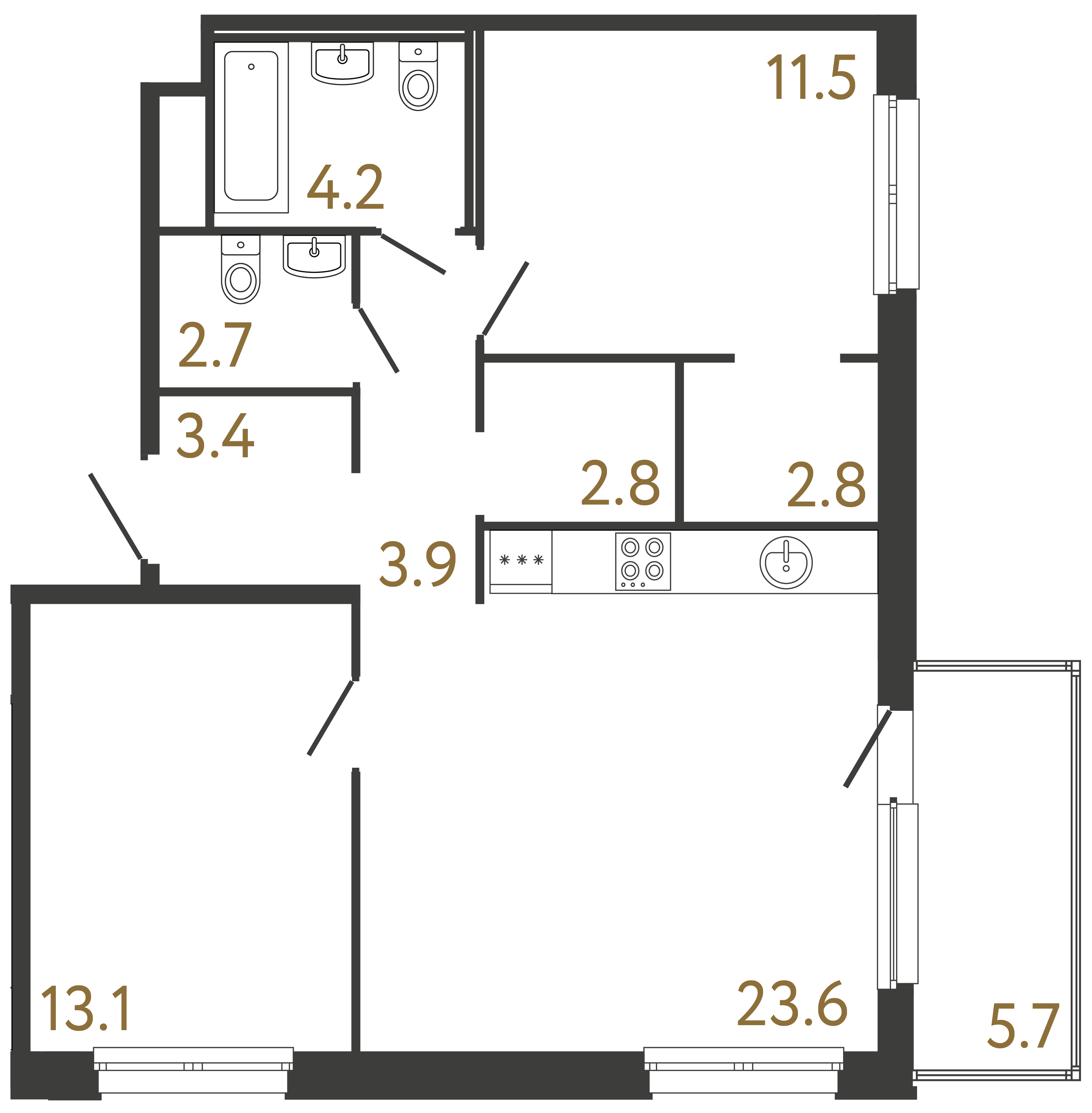 Двухкомнатная квартира 68 м²