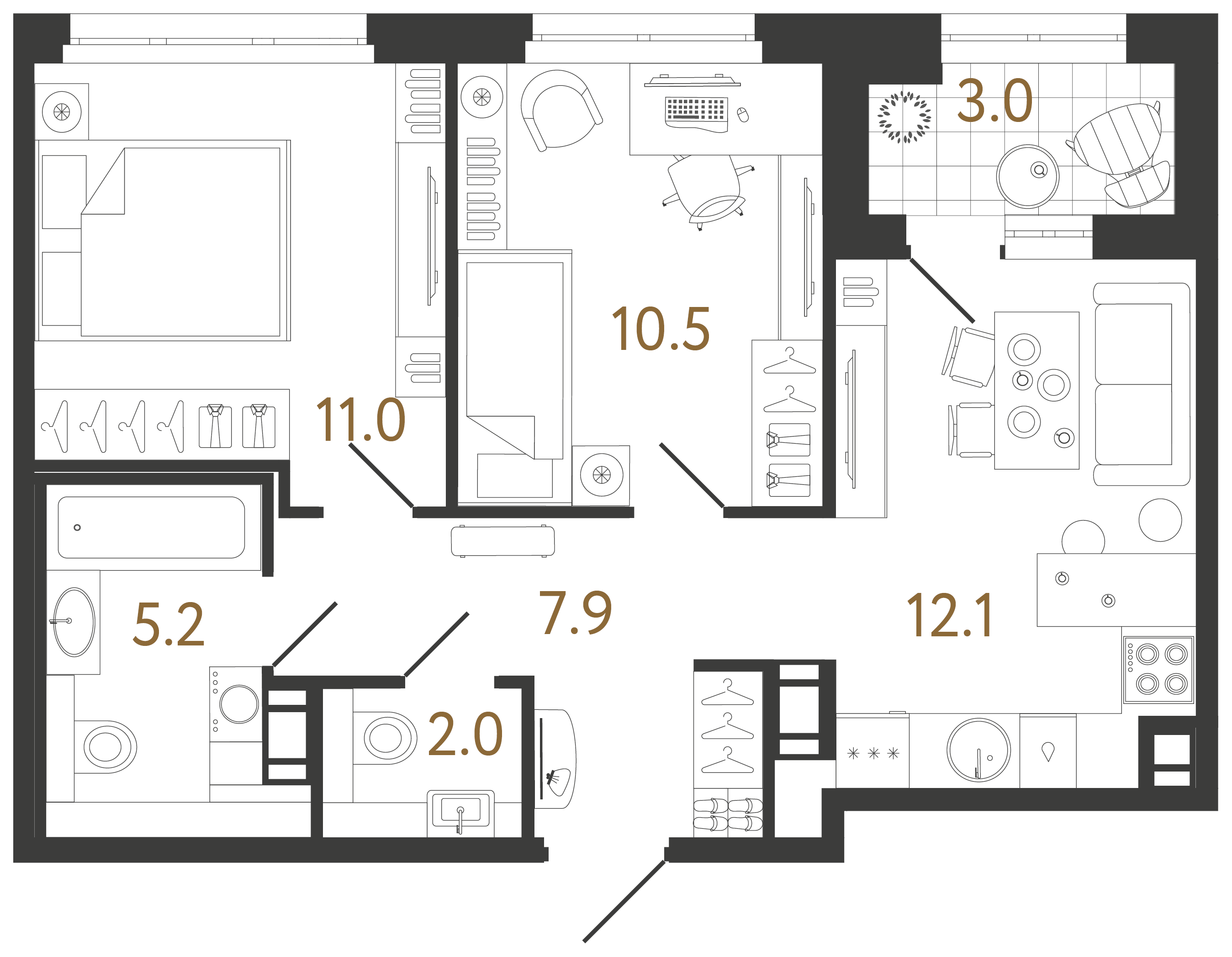 Двухкомнатная квартира 48.7 м²