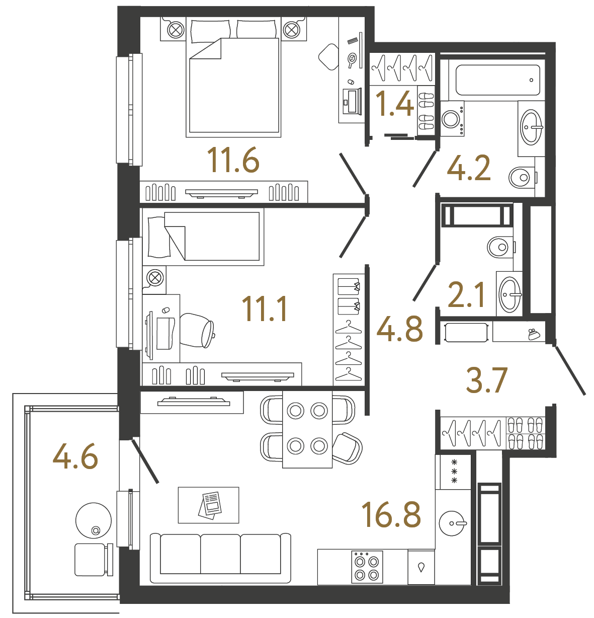 Двухкомнатная квартира 55.7 м²