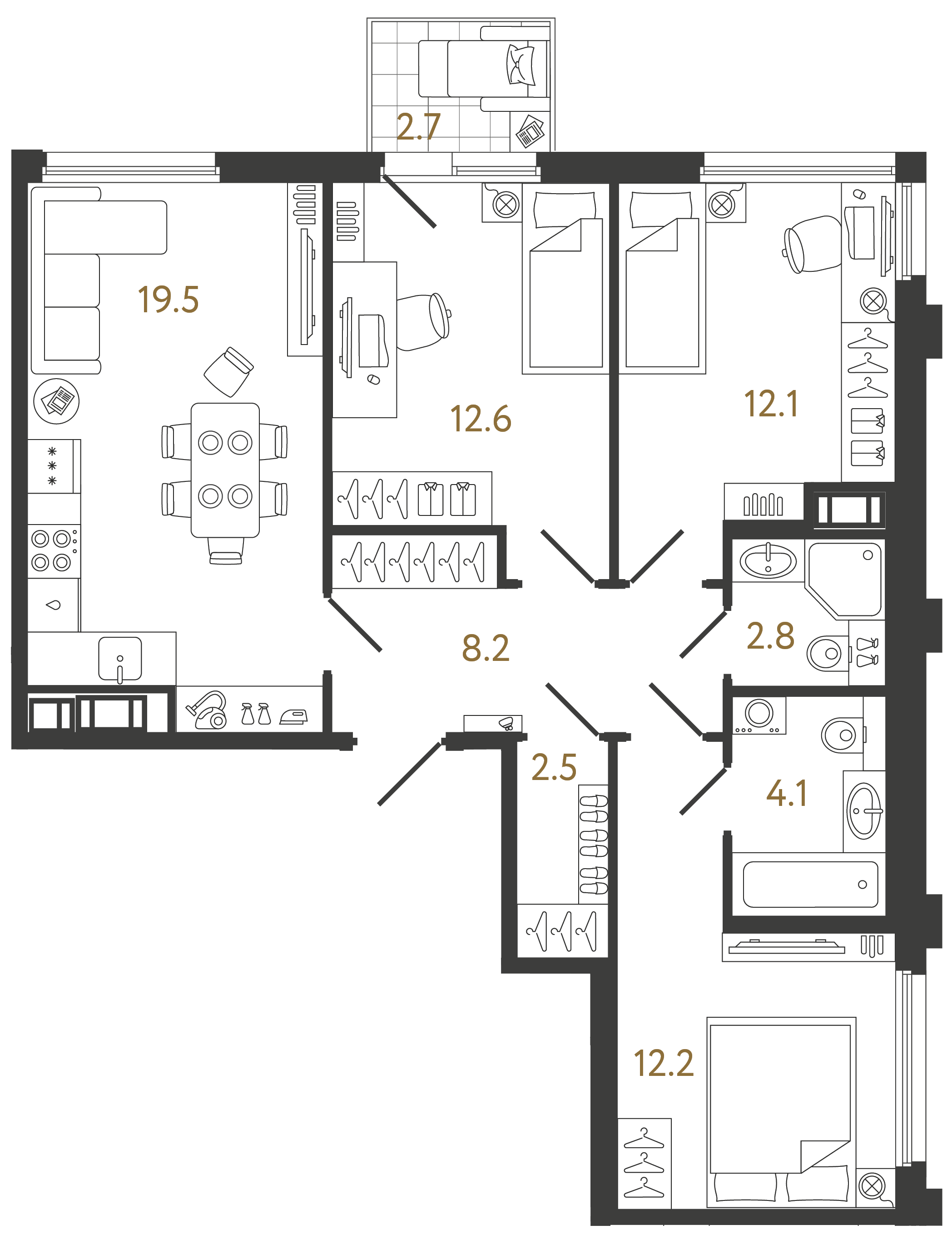 Трёхкомнатная квартира 74 м²