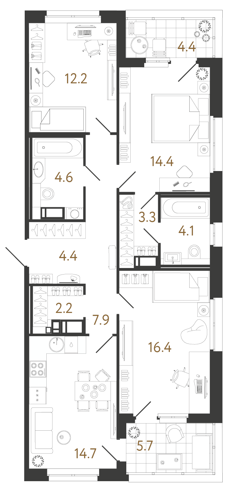 Трёхкомнатная квартира 84.2 м²